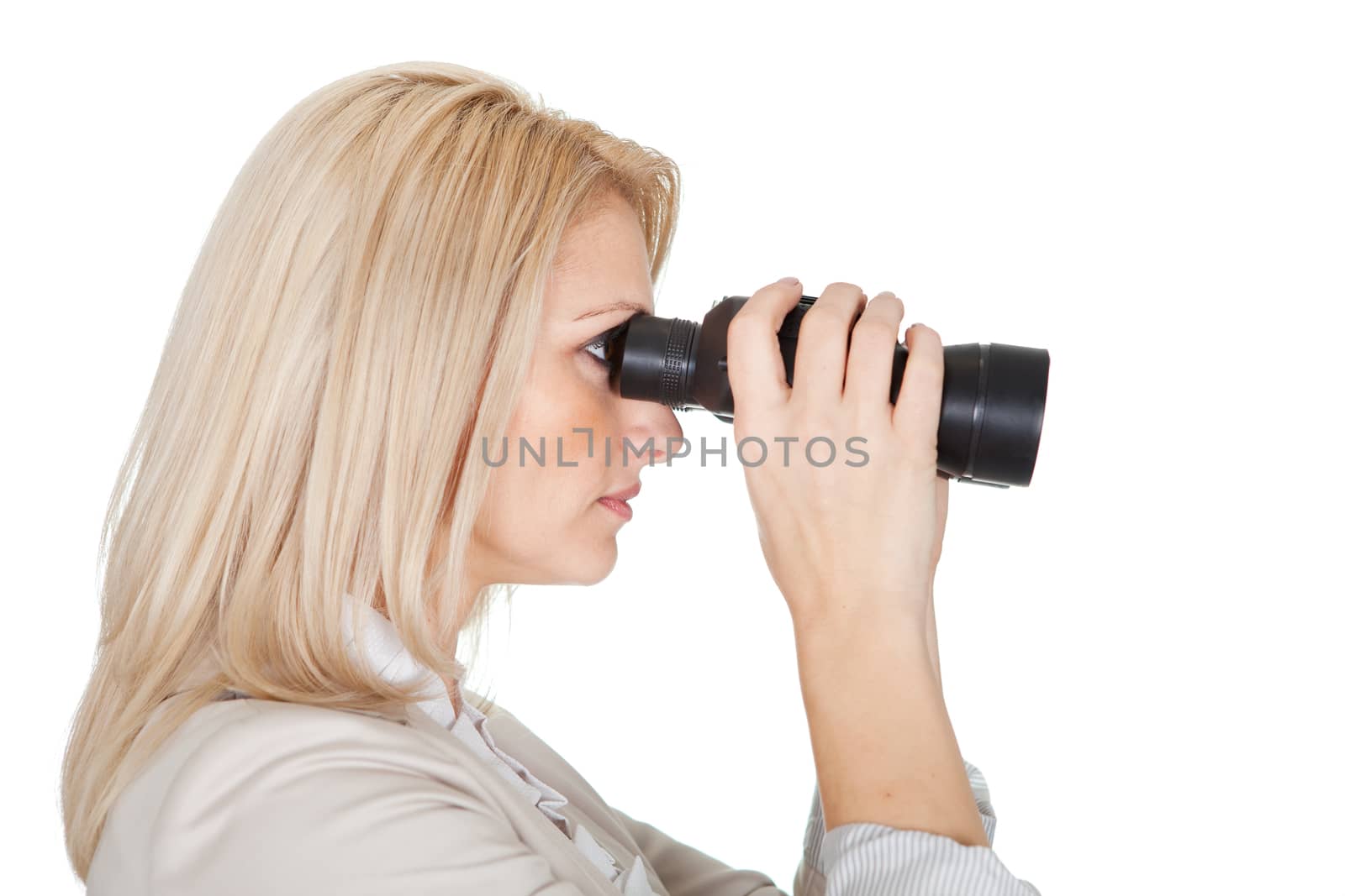 Businesswomen looking through binoculars. Isolated on white