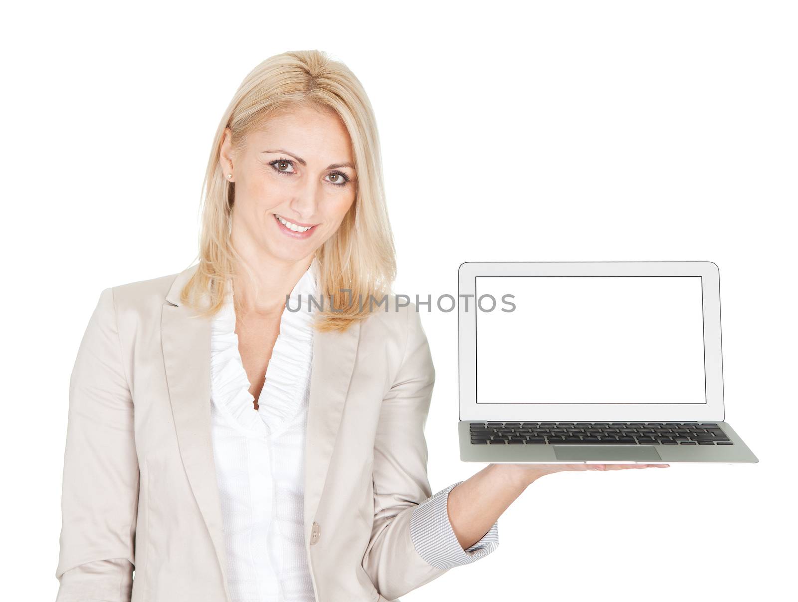 Business woman presenting laptop. Isolated on white