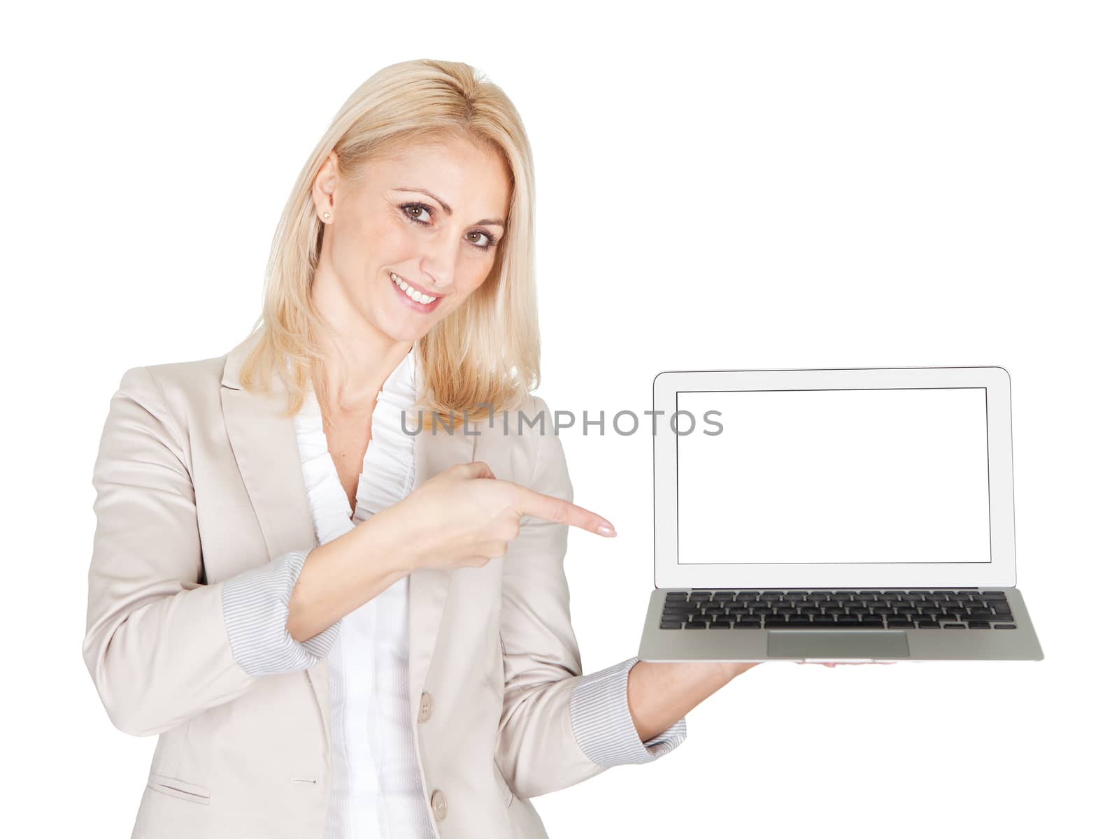 Business woman presenting laptop. Isolated on white