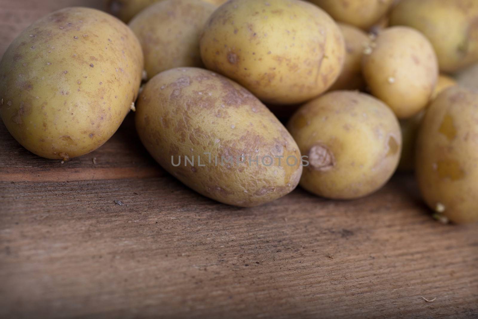 Background of farm fresh potatoes with a low angle view across a rustic wooden surface with copyspace to a pile of the fresh vegetables