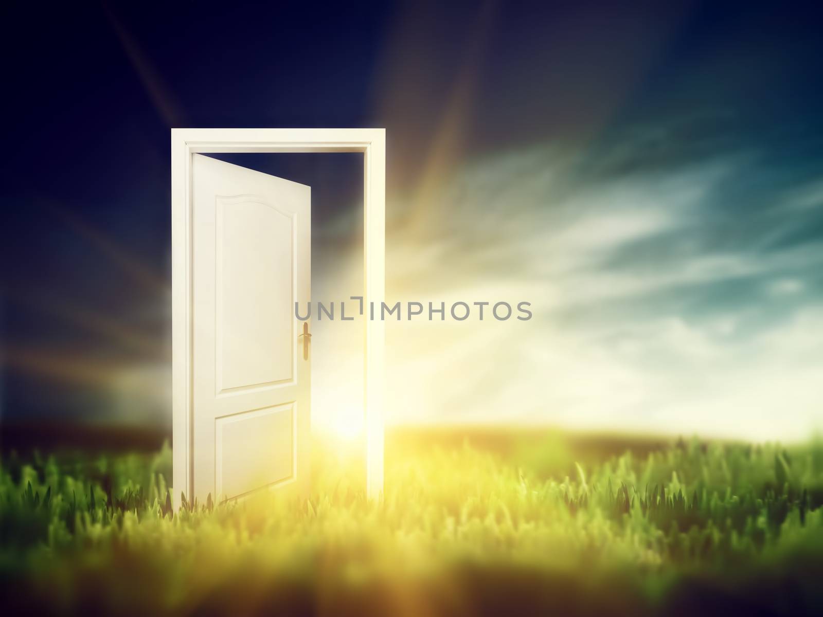 Open door on the green field. Conceptual new way, entrance to new world, heaven, life, hope.