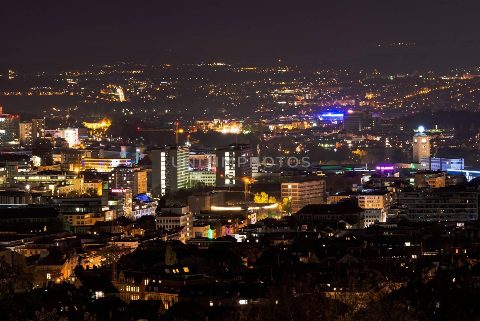 STUTTGART, GERMANY - NOVEMBER 9, 2013: Stuttgart panorama at night as seen from the western areas of the city on November 9, 2013 in Stuttgart, Germany. The Wilhelm-Charlotten platform was renovated in 2012 and offers a great view over the city by day and especially by night.