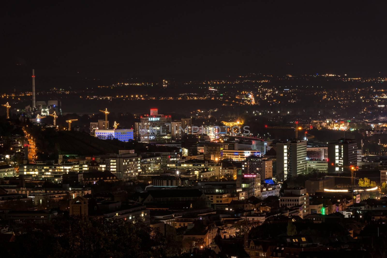 STUTTGART, GERMANY - NOVEMBER 9, 2013: Stuttgart panorama at night as seen from the western areas of the city on November 9, 2013 in Stuttgart, Germany. The Wilhelm-Charlotten platform was renovated in 2012 and offers a great view over the city by day and especially by night.