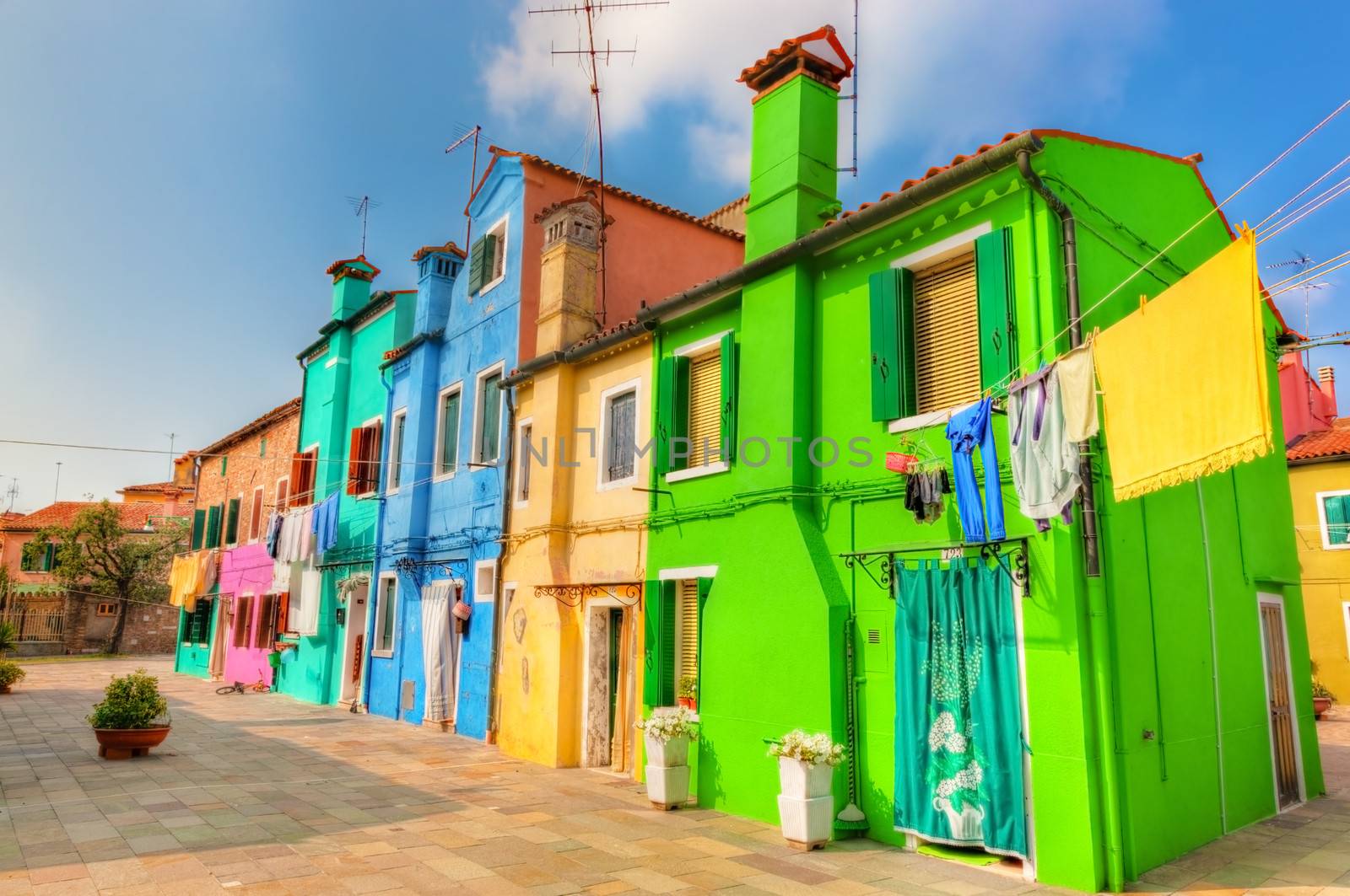 Colorful houses on Burano island, near Venice, Italy. Sunny day.