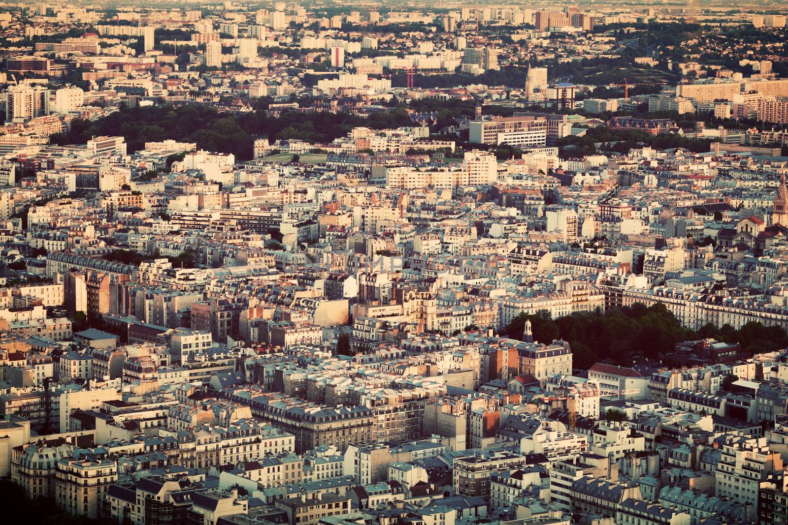 Paris, France view from the top on a residential district, block of flats. Vintage style