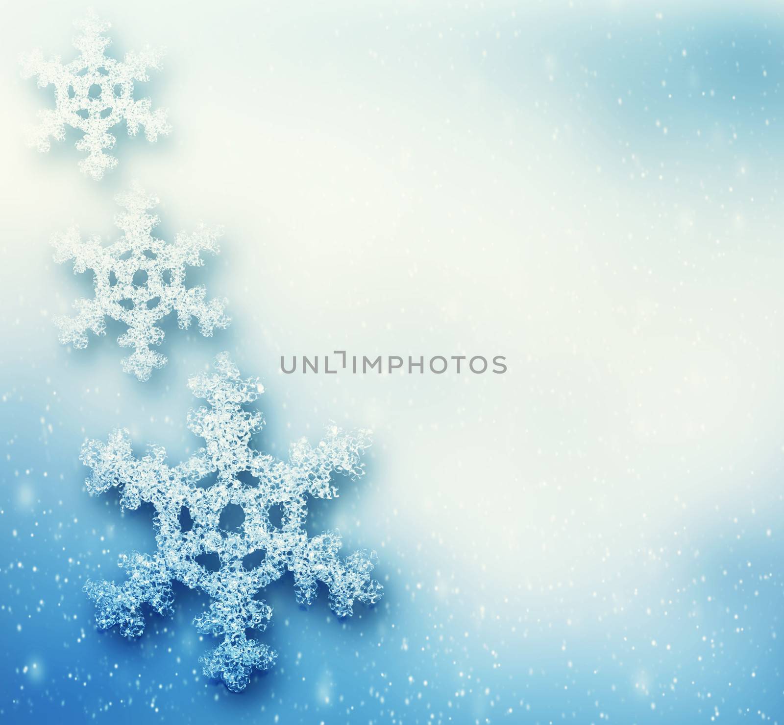 Winter, Christmas background with big snowflakes, snow storm, frost, glittering lights. 