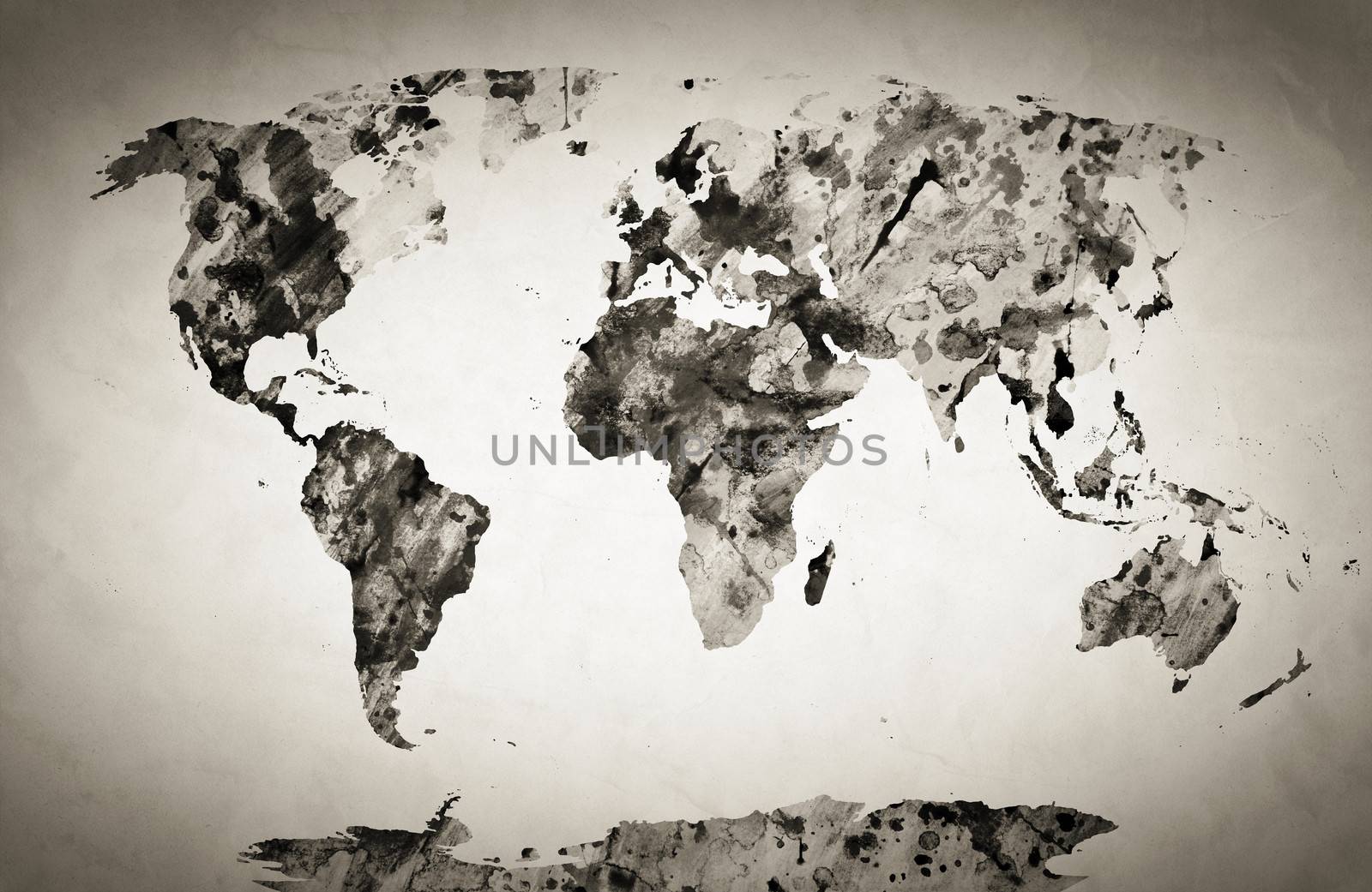 Watercolor world map. Black and white paint on paper, retro style. HD quality