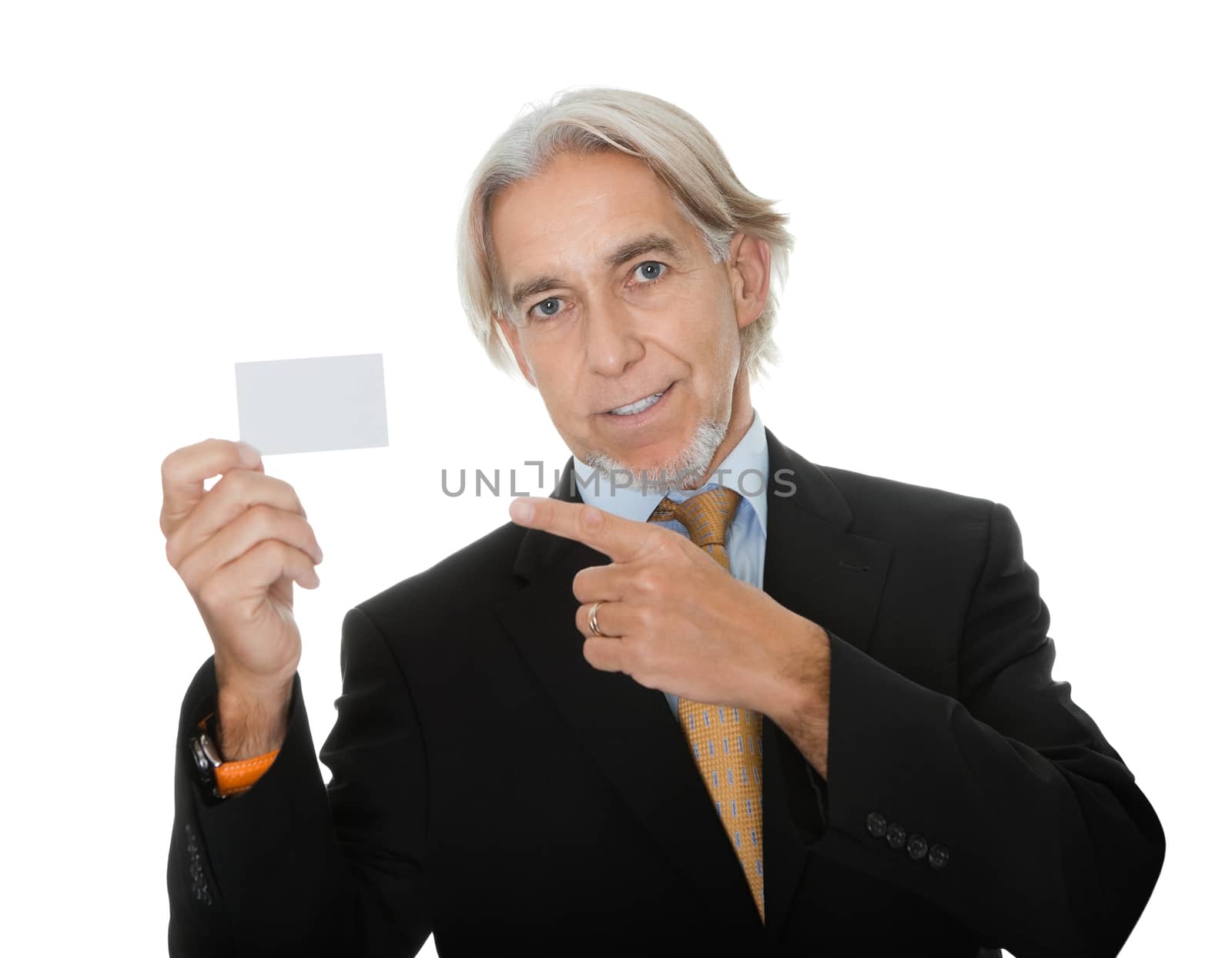 Mature executive showing a empty business card by AndreyPopov