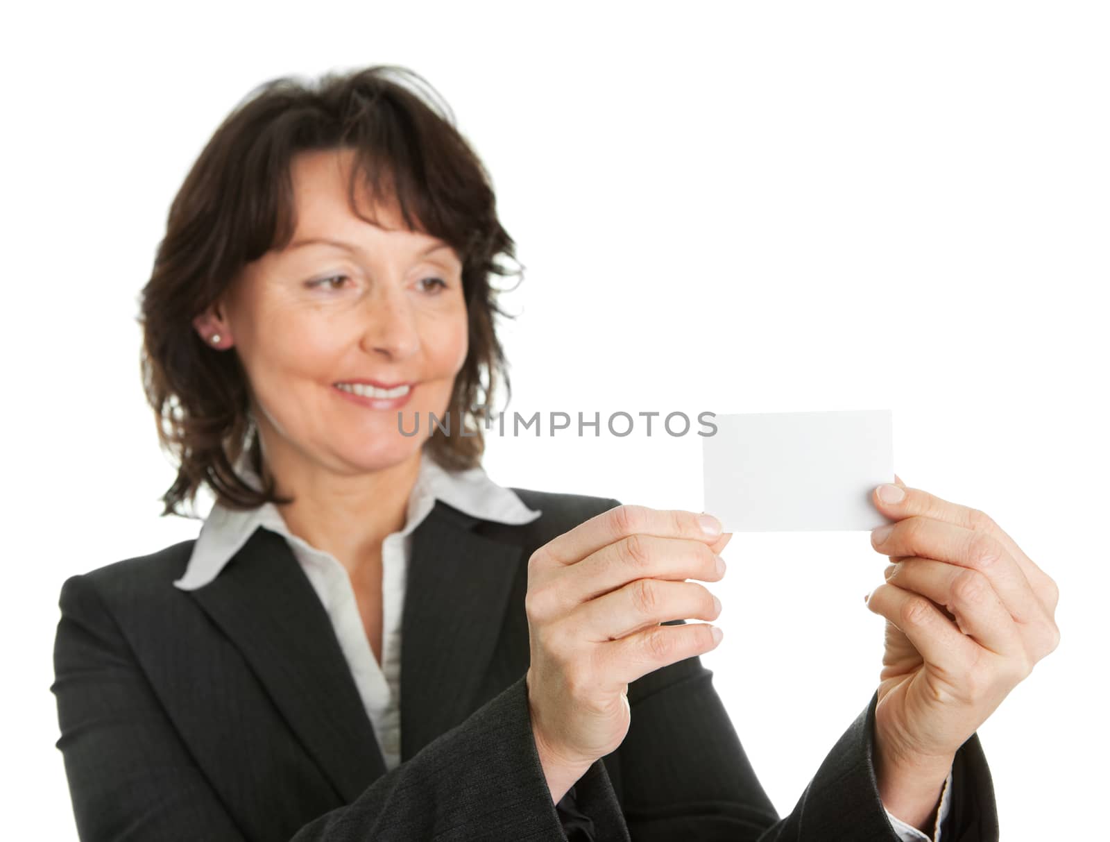 Businesswoman holding blank card. Isolated on white