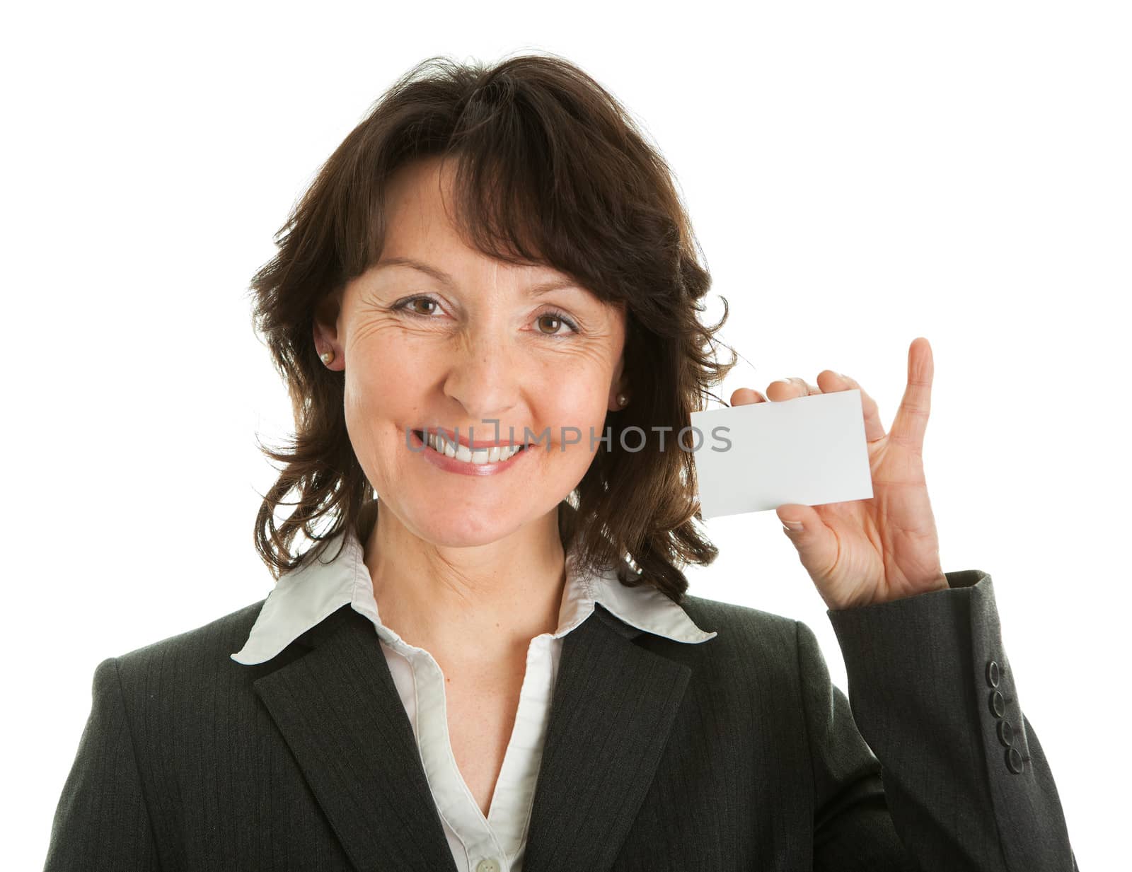 Businesswoman holding blank card. Isolated on white