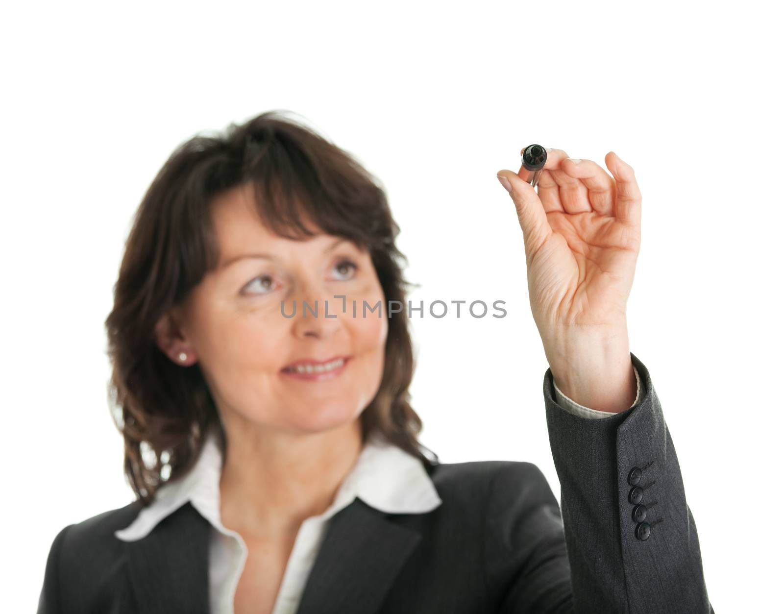 Businesswoman drawing a sketch using marker. Isolated on white