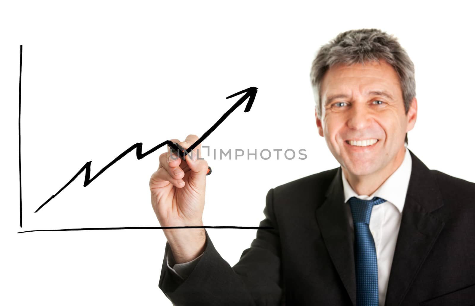 Businessman writing a financial graph. Isolated on white