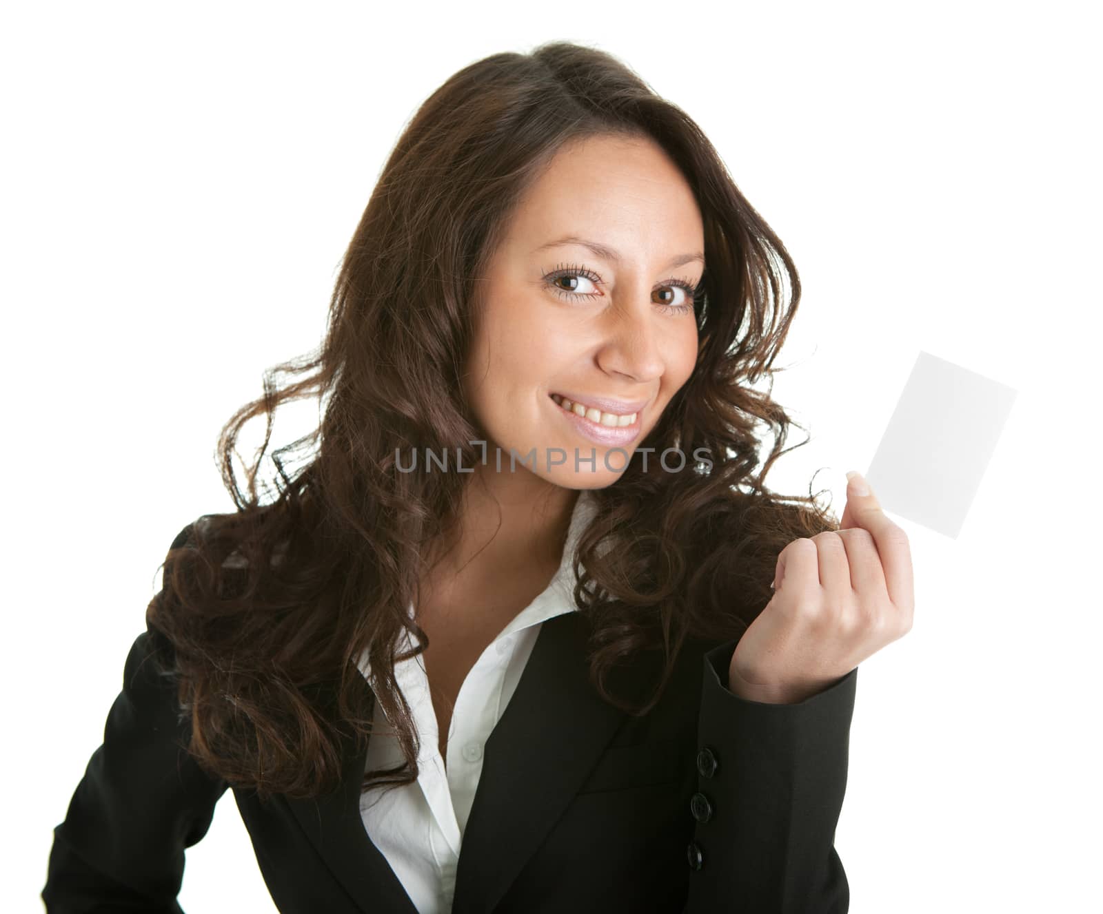 Businesswoman holding blank card. Isolated on white