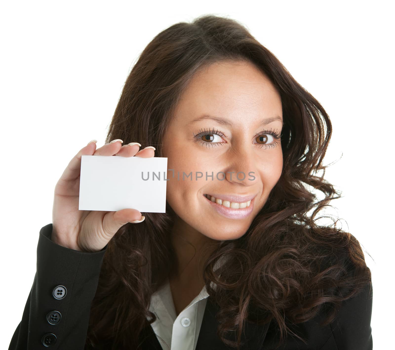 Businesswoman holding blank card by AndreyPopov