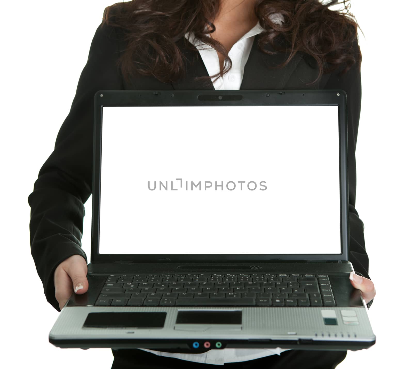 Business woman presenting laptopn. Isolated on white