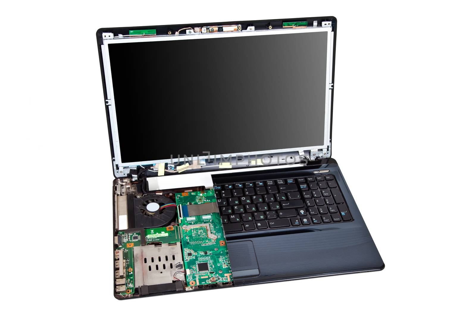 Laptop half disassembled. Repair service concept by RawGroup