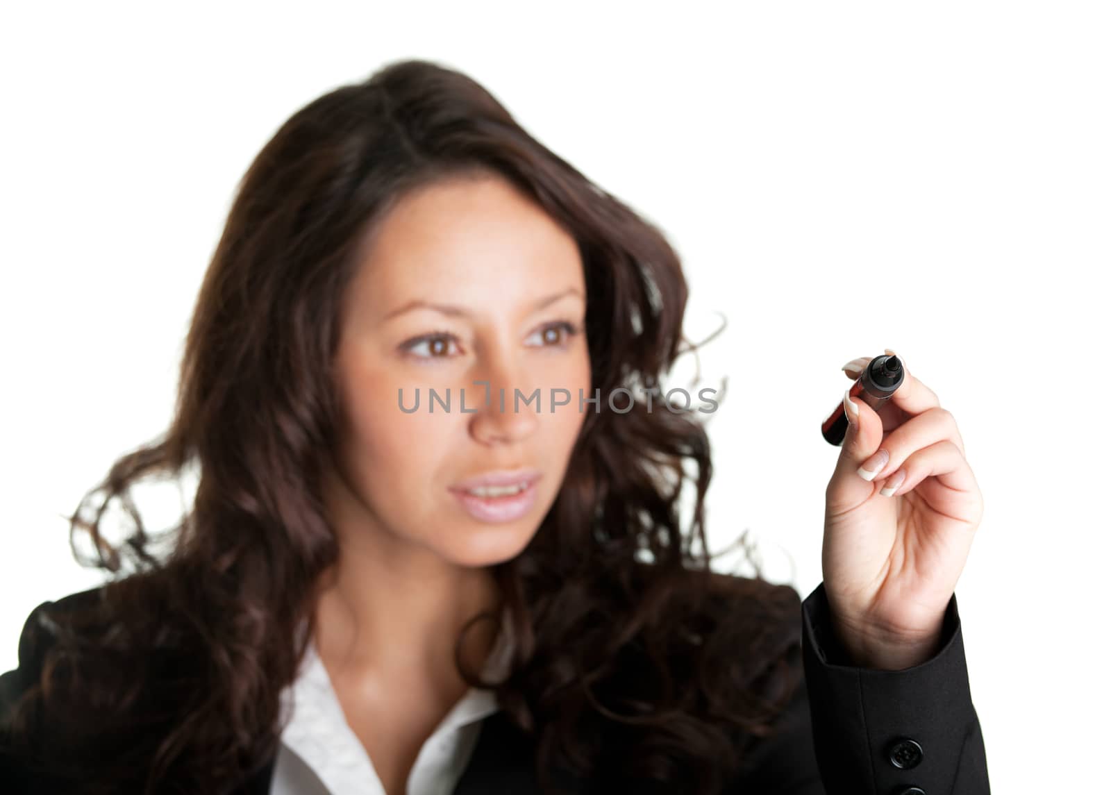 Businesswoman dwring a sketch using marker. Isolated on white