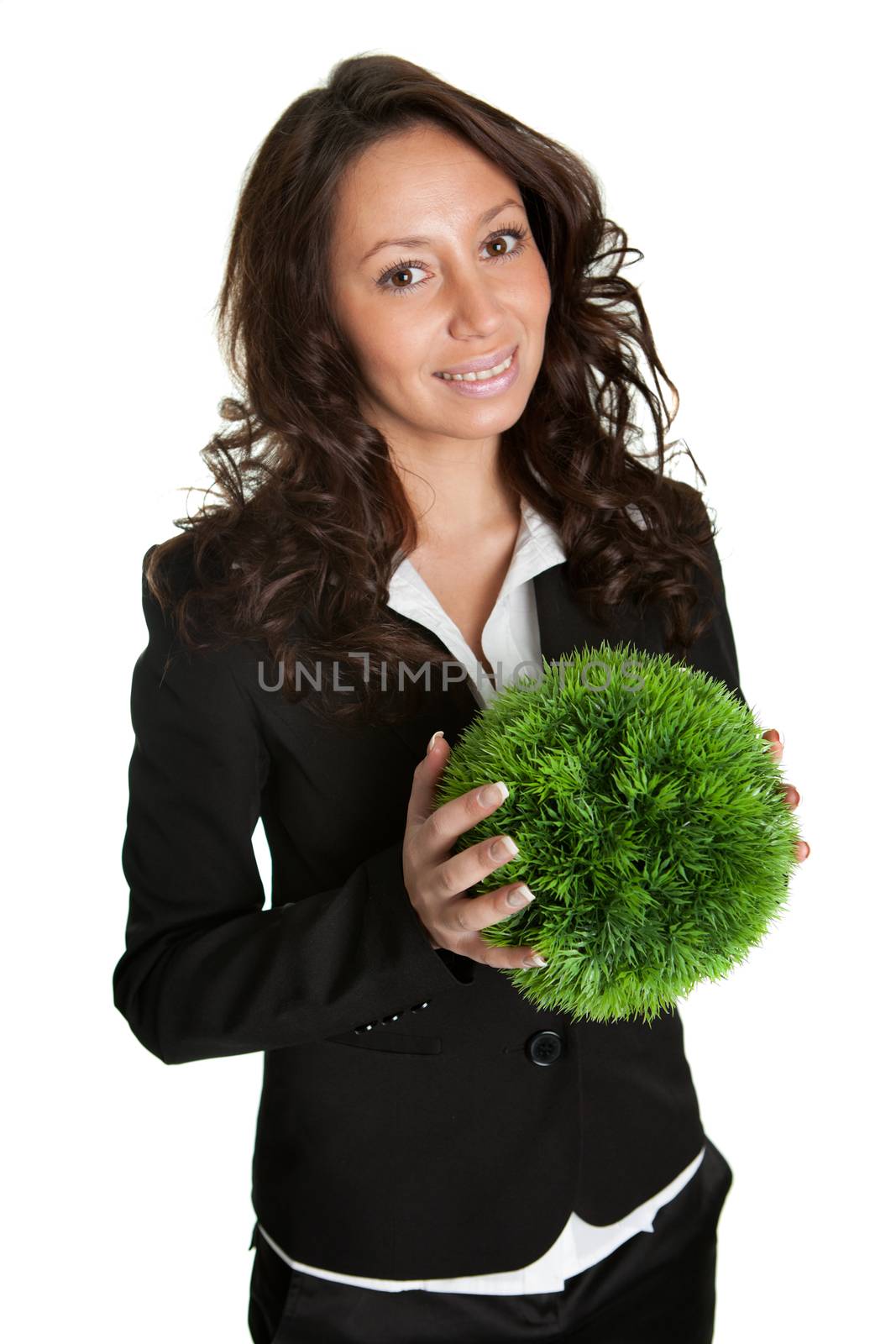 Businesswoman holding green sphere - symbol of green planet. Isolated on white