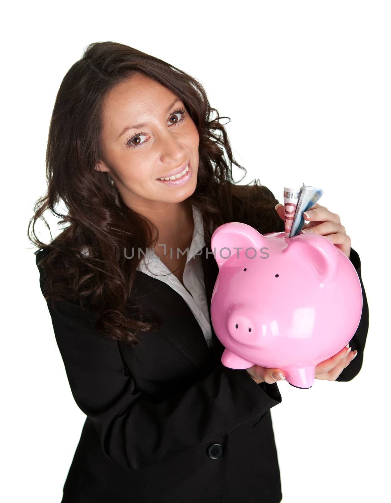 Beautiful woman holding her personal savings in piggy bank. Isolated