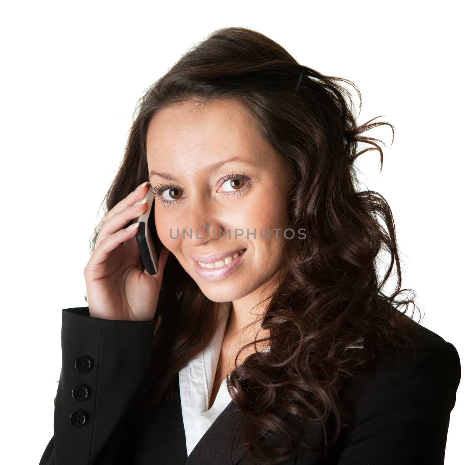 Businesswoman talking on mobile phone. Isolated on white