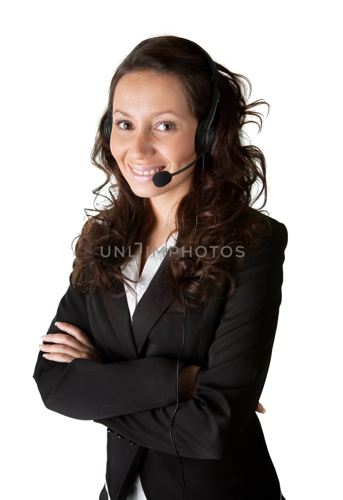 Cheerfull call center operator. Isolated on white