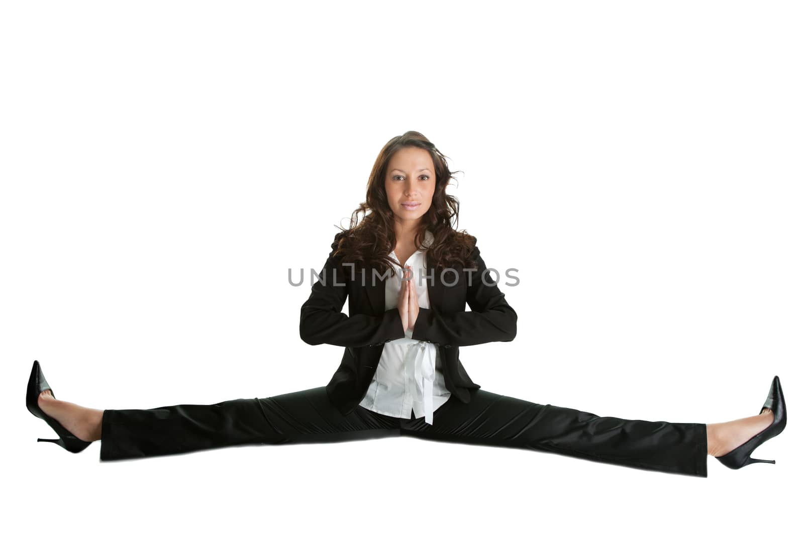 Businesswomen sitting on splits. Isolated on white