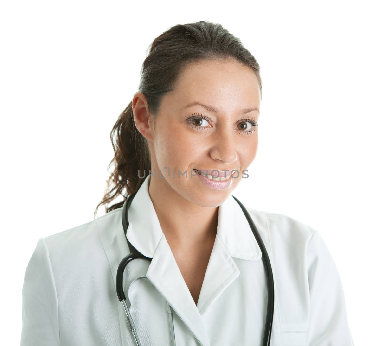 Smiling medical doctor woman with stethoscope. Isolated on white