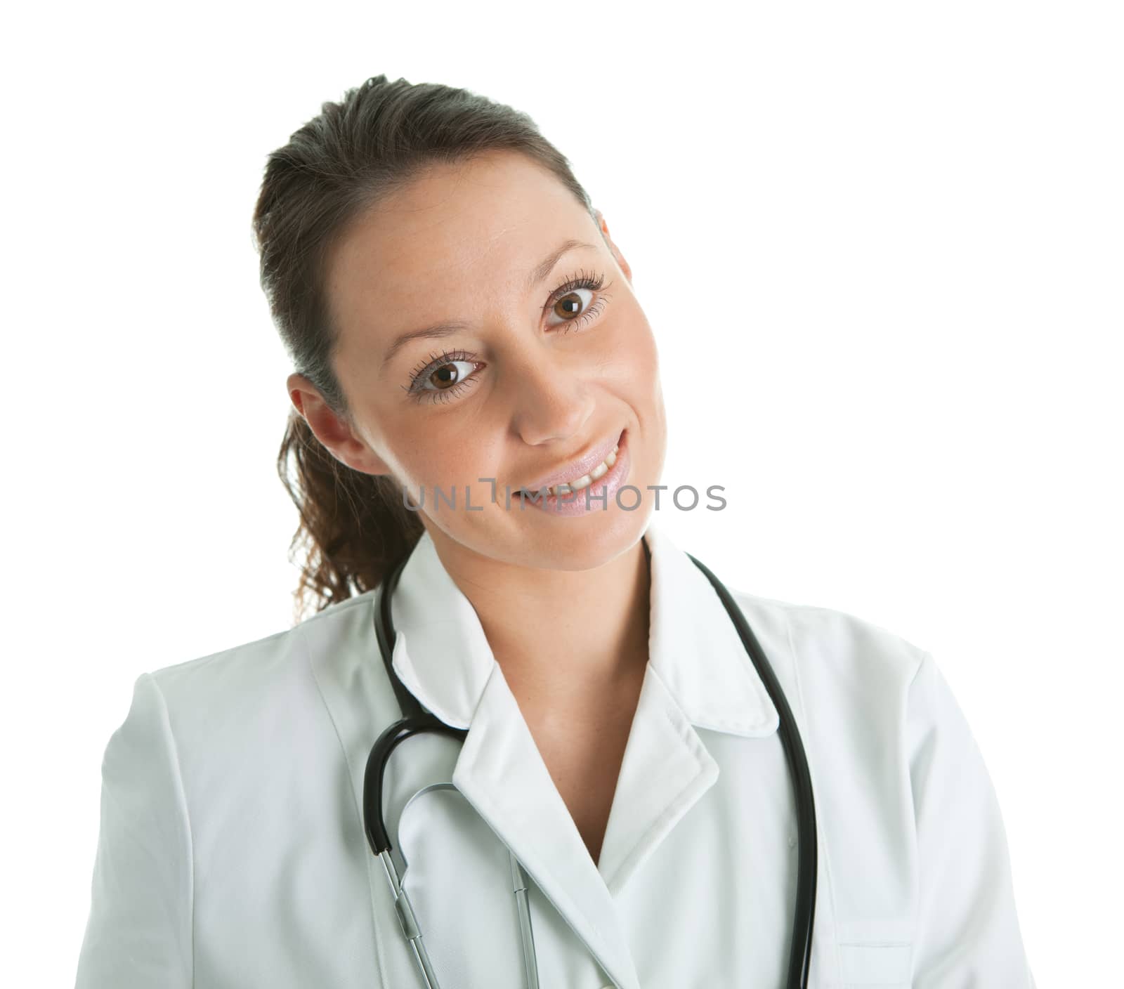 Smiling medical doctor woman with stethoscope. Isolated on white