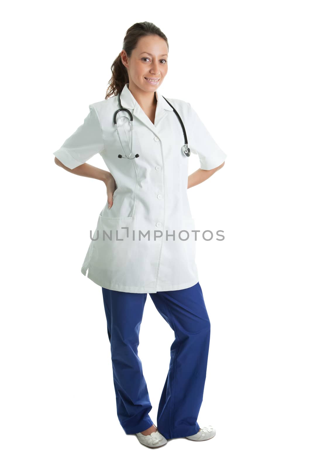 Smiling medical doctor woman with stethoscope. Isolated on white