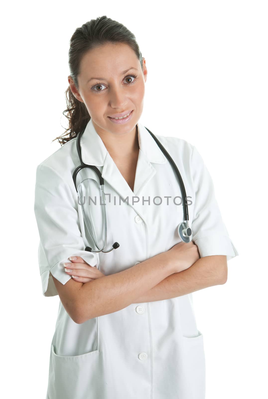 Smiling medical doctor woman with stethoscope. Isolated on white