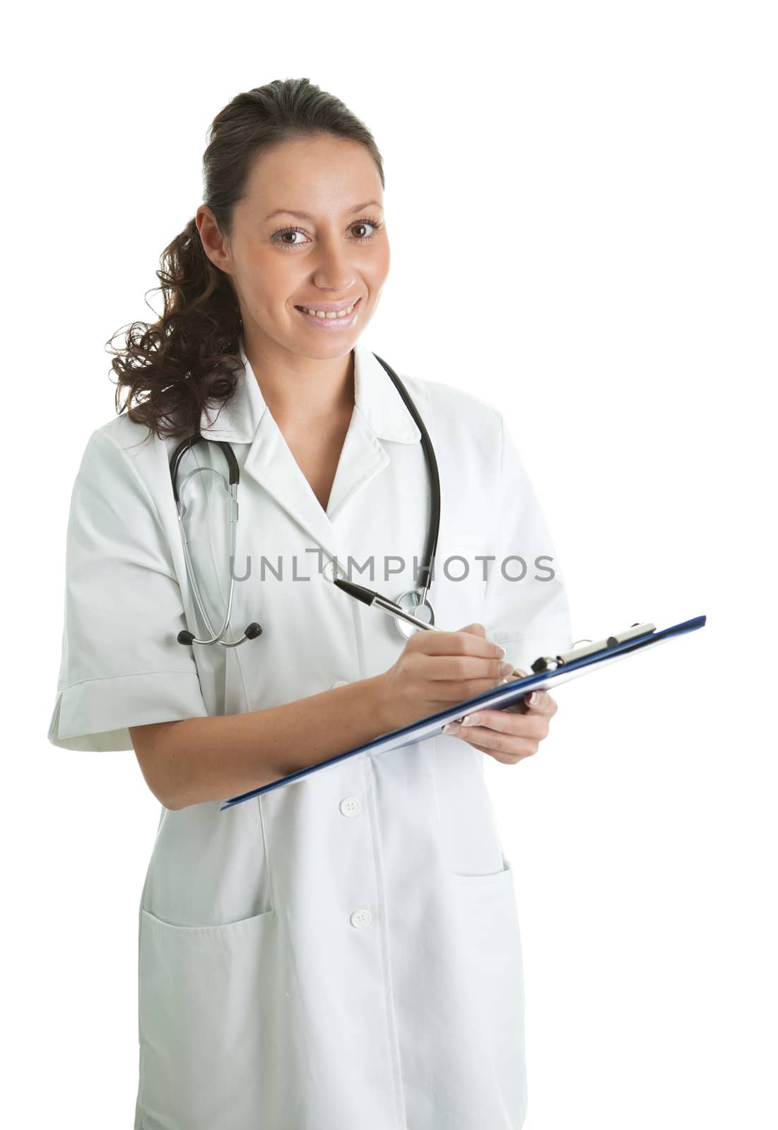 Cheerful medical doctor woman filling out prescription by AndreyPopov