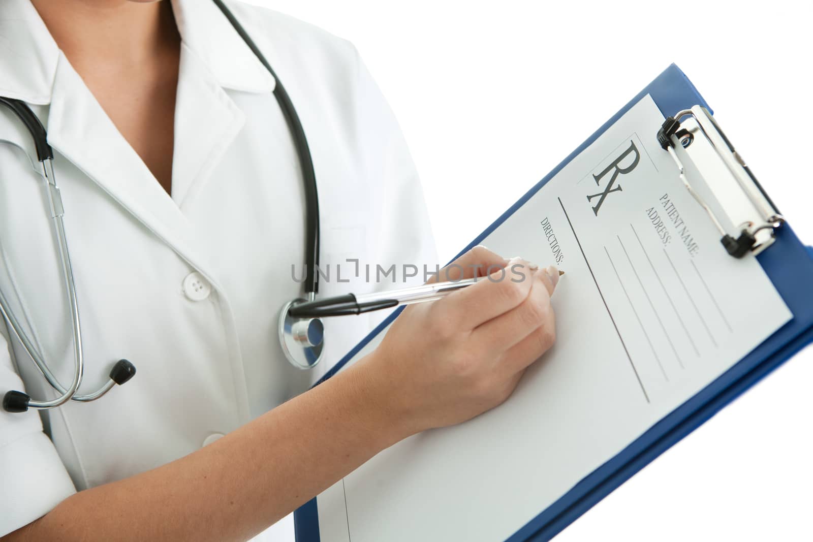 Cheerful medical doctor woman filling out prescription. Isolated on white