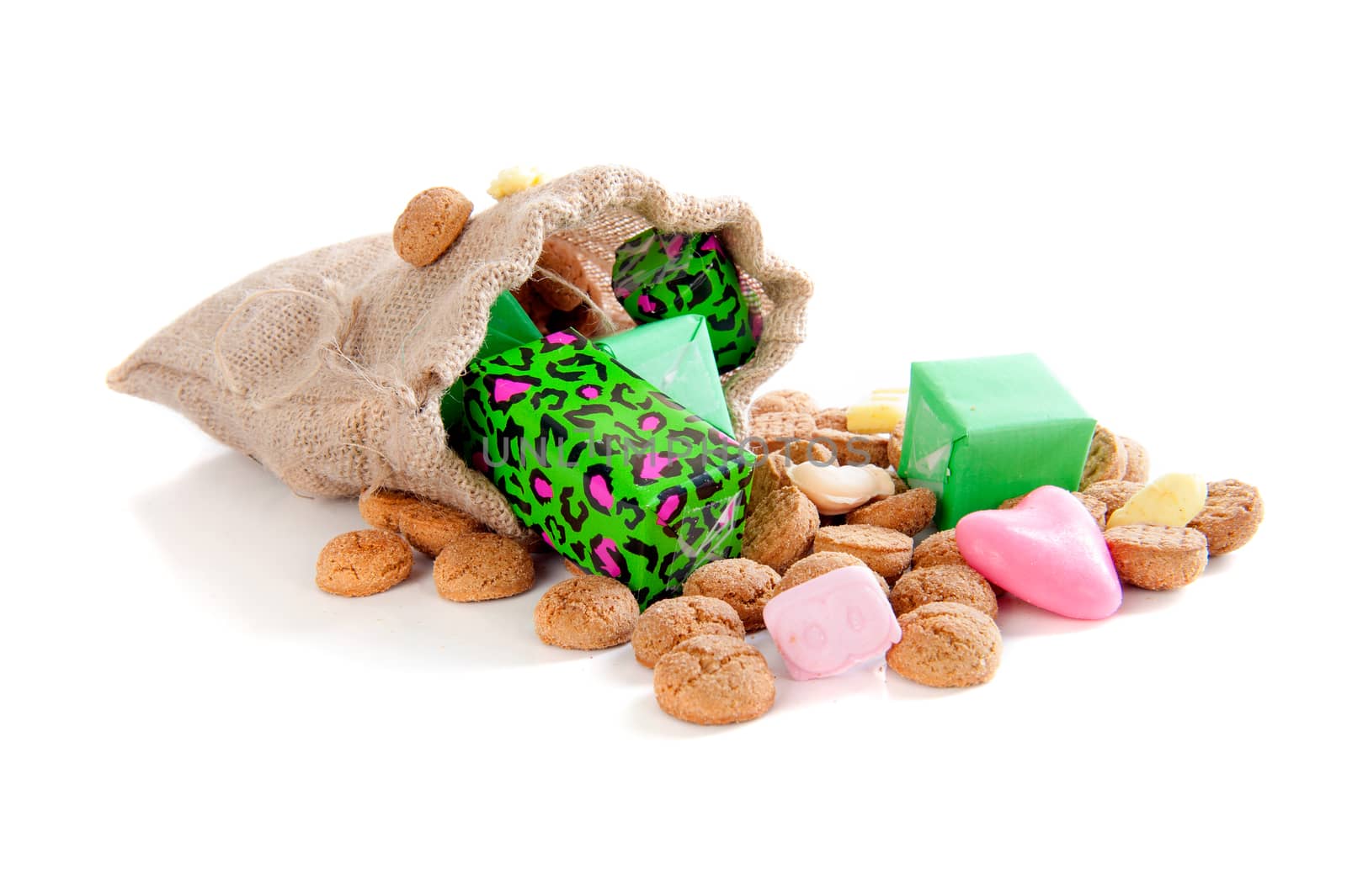 A jute bag with gingernuts, for celebrating the dutch holiday " sinterklaas " on the fifth of December