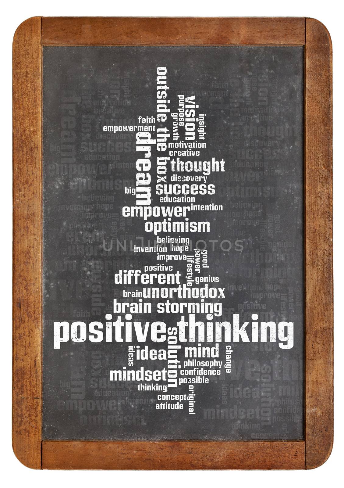 cloud of words or tags related to positive thinking on a  vintage slate blackboard isolated on white