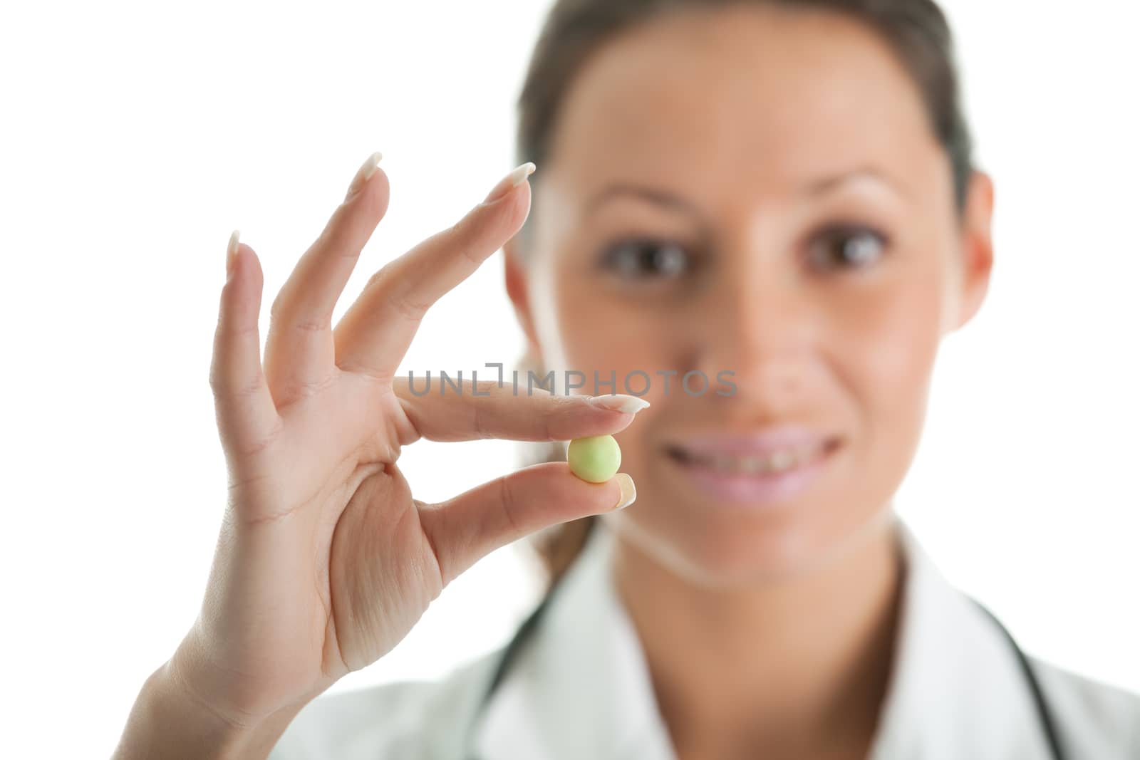 Friendly doctor giving out prescription. Isolated on white