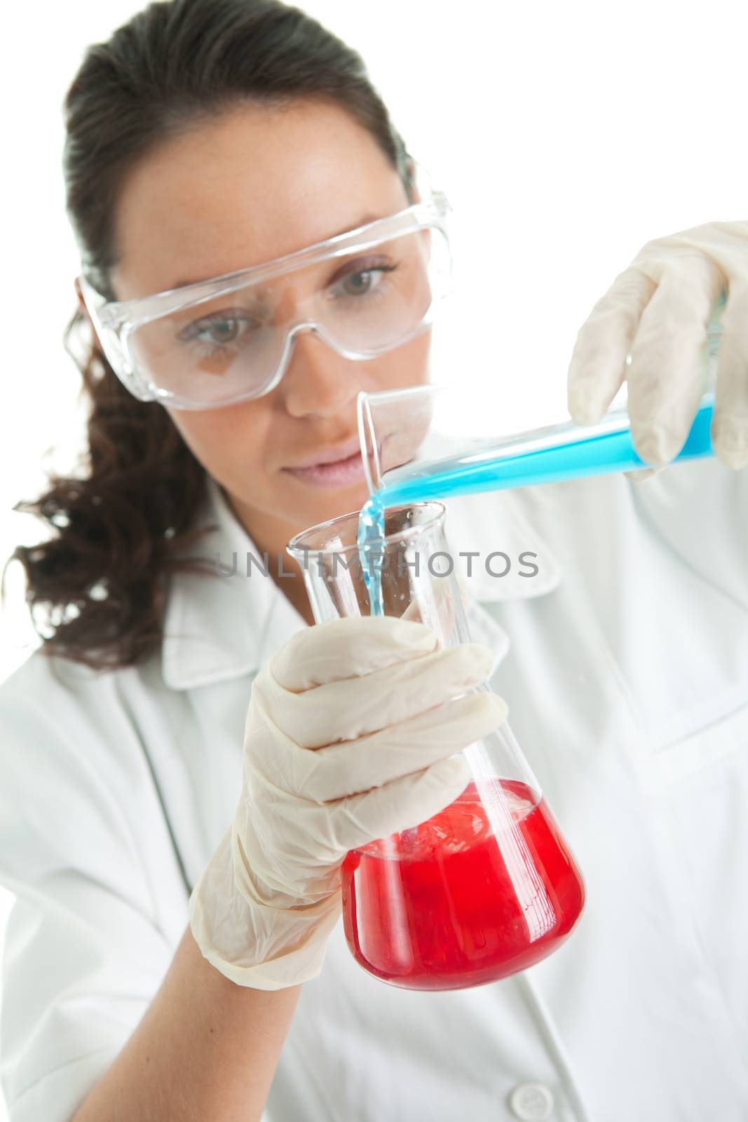 Woman involved in chemical research. Isolated on white