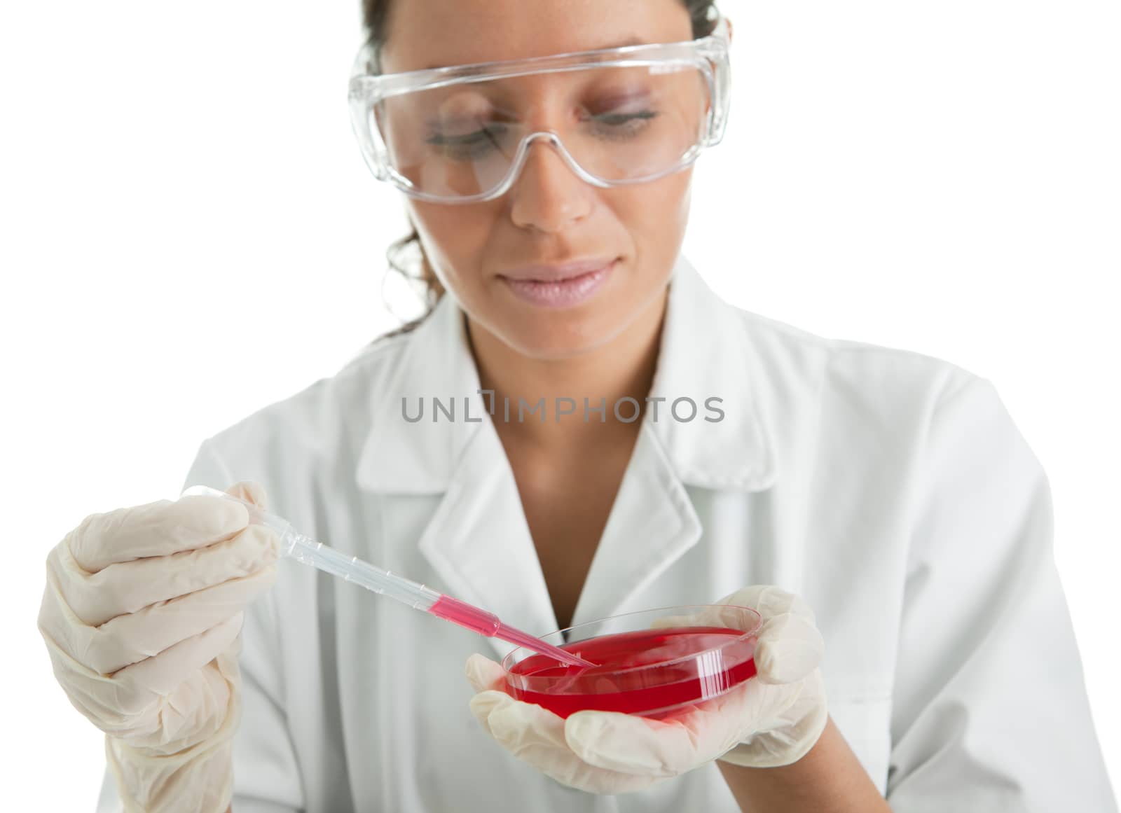 Carrying out test in laboratory. Focus on pipette. Isolated on white