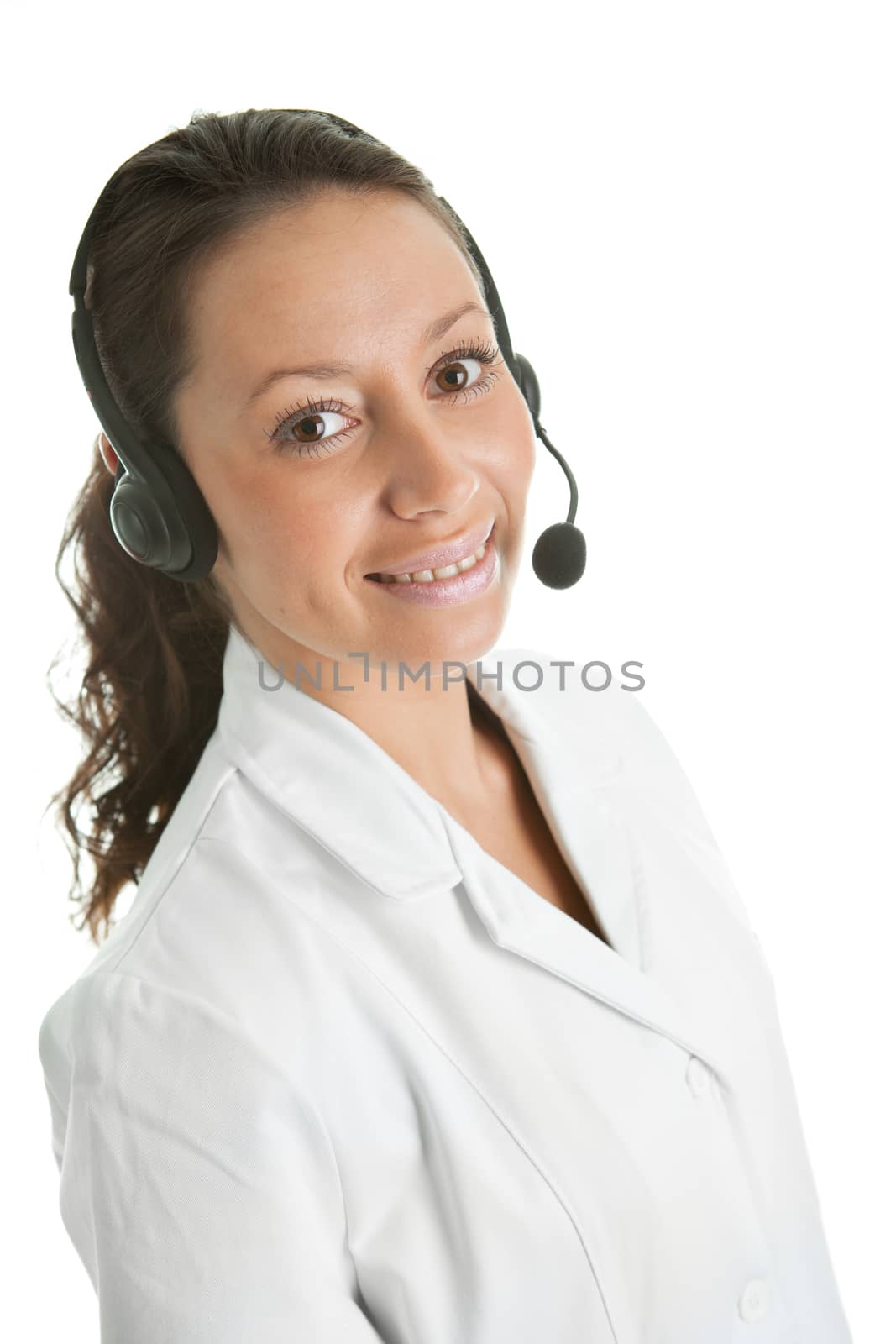 Cheerfull call center operator. Isolated on white