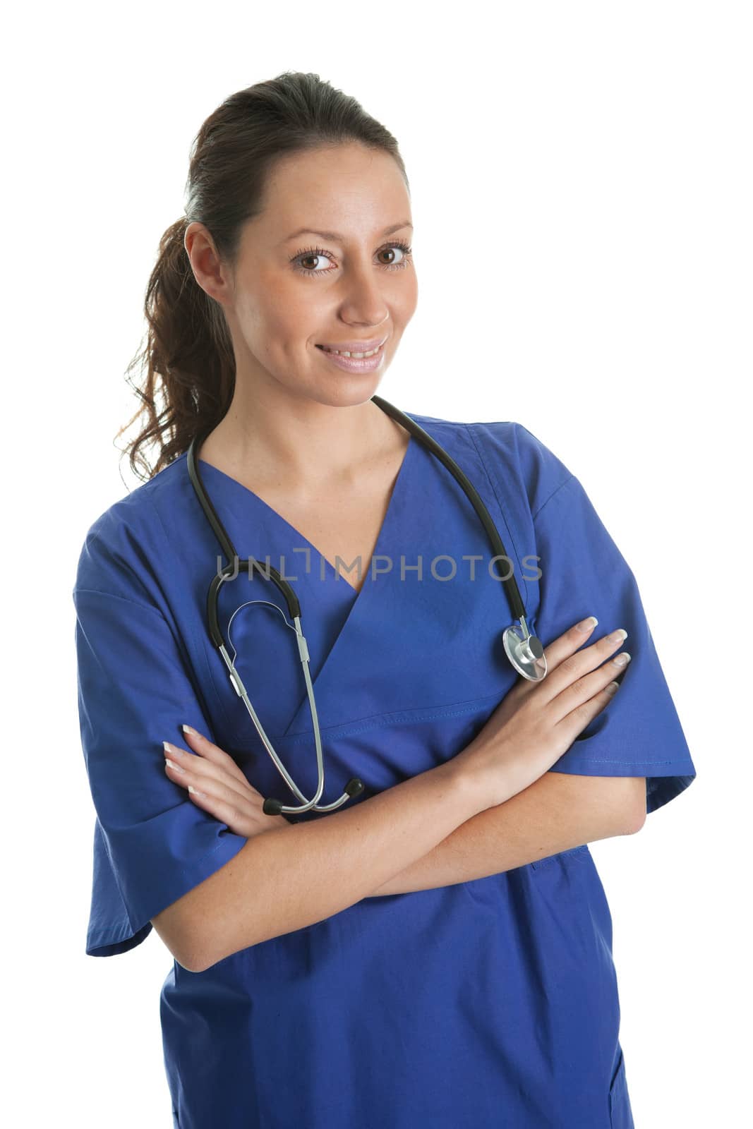 Smiling nurse woman with stethoscope. Isolated on white