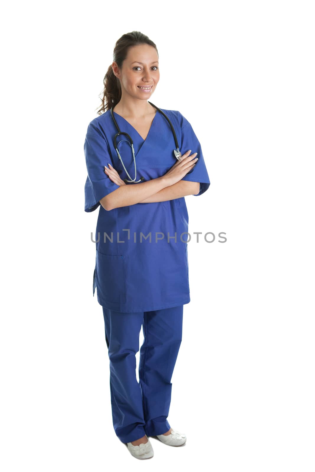 Smiling nurse woman with stethoscope. Isolated on white