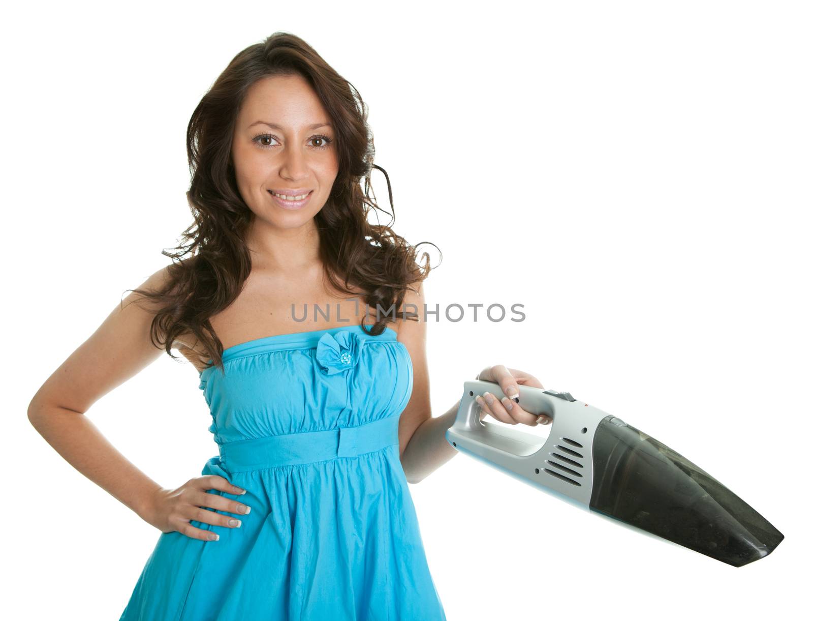 Cheerful woman with handheld vacuum cleaner. Isolated on white