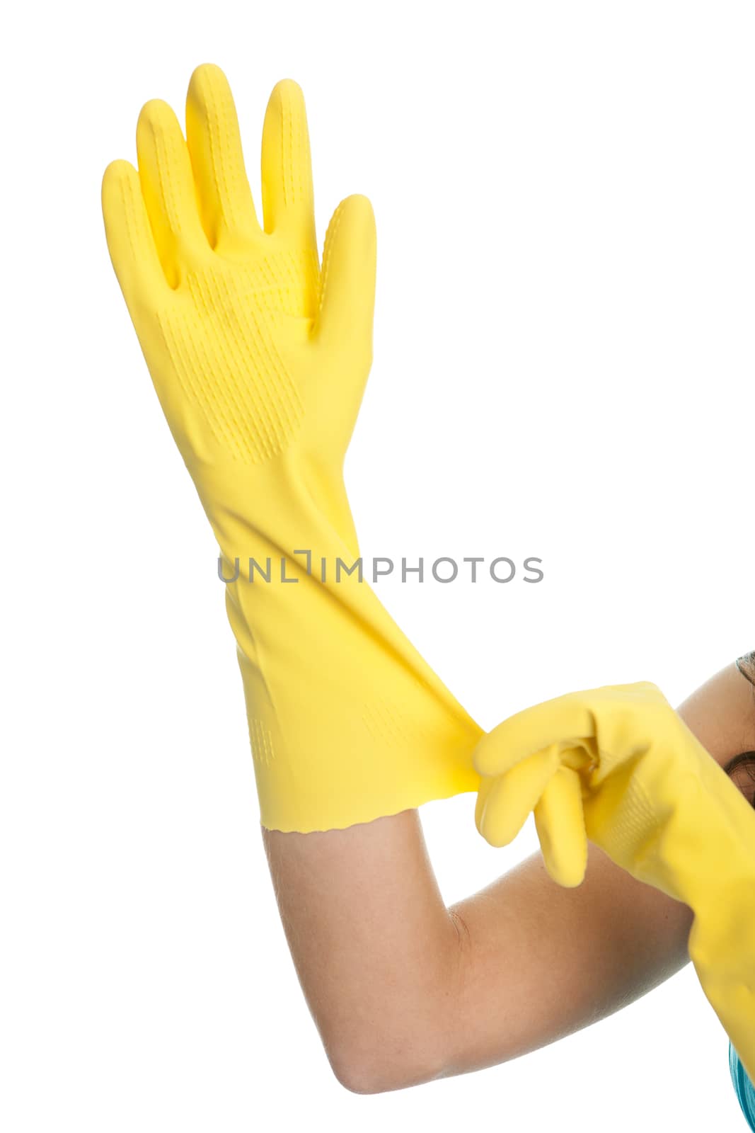 Close-up on female hands wearing protective rubber gloves. Isolated on white