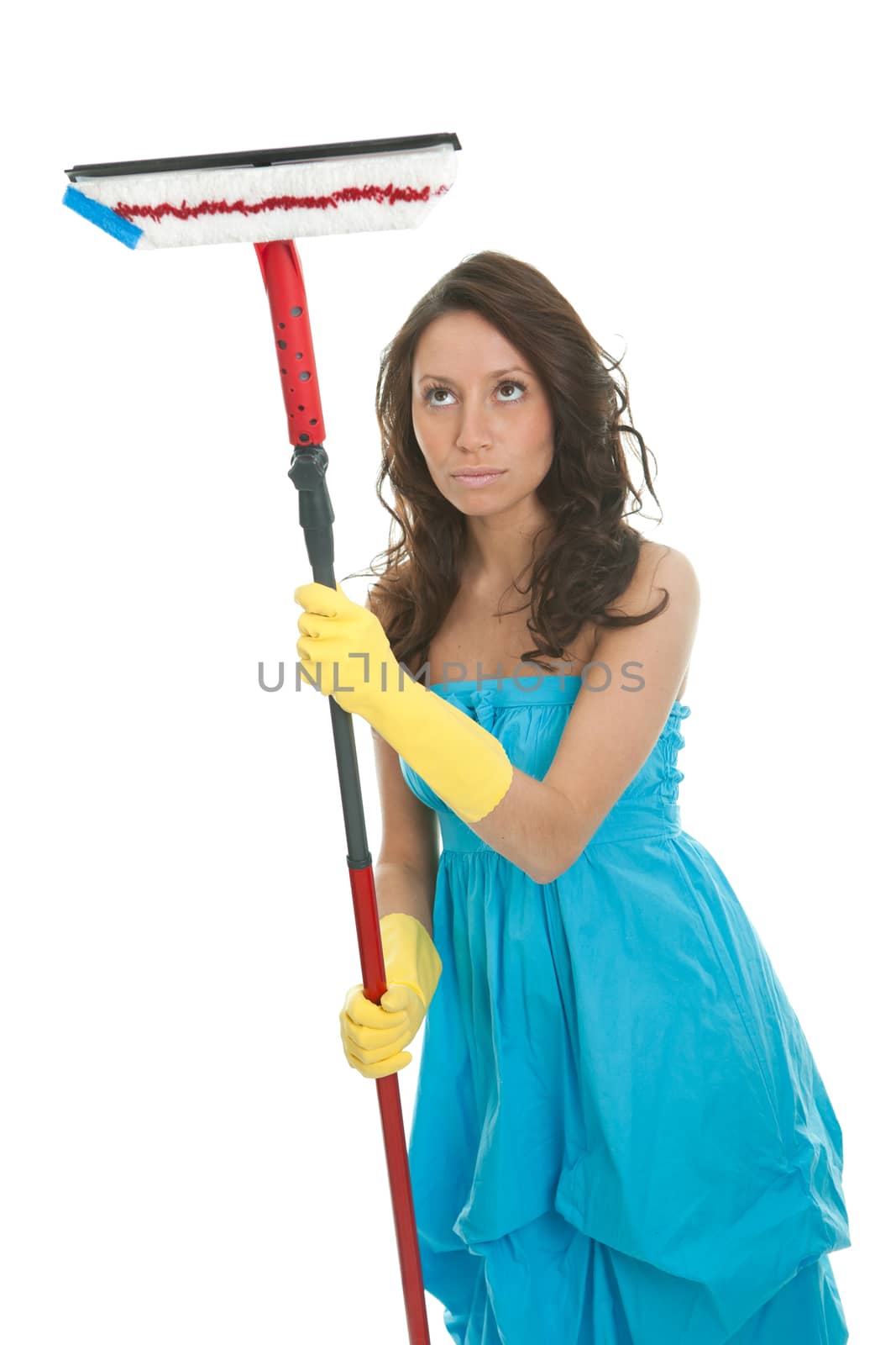 Cheerful woman cleaning window. Isolated on white