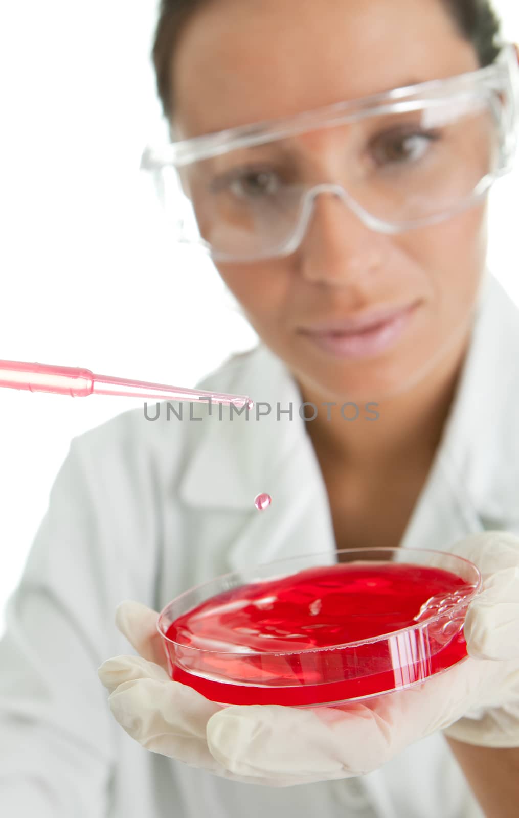 Carrying out test in laboratory. Focus on pipette. Isolated on white