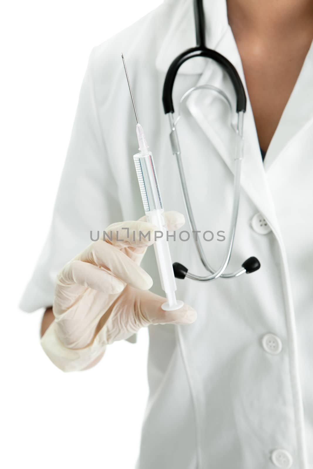 Close-up on doctor hands preparing injection. Isoalted on white