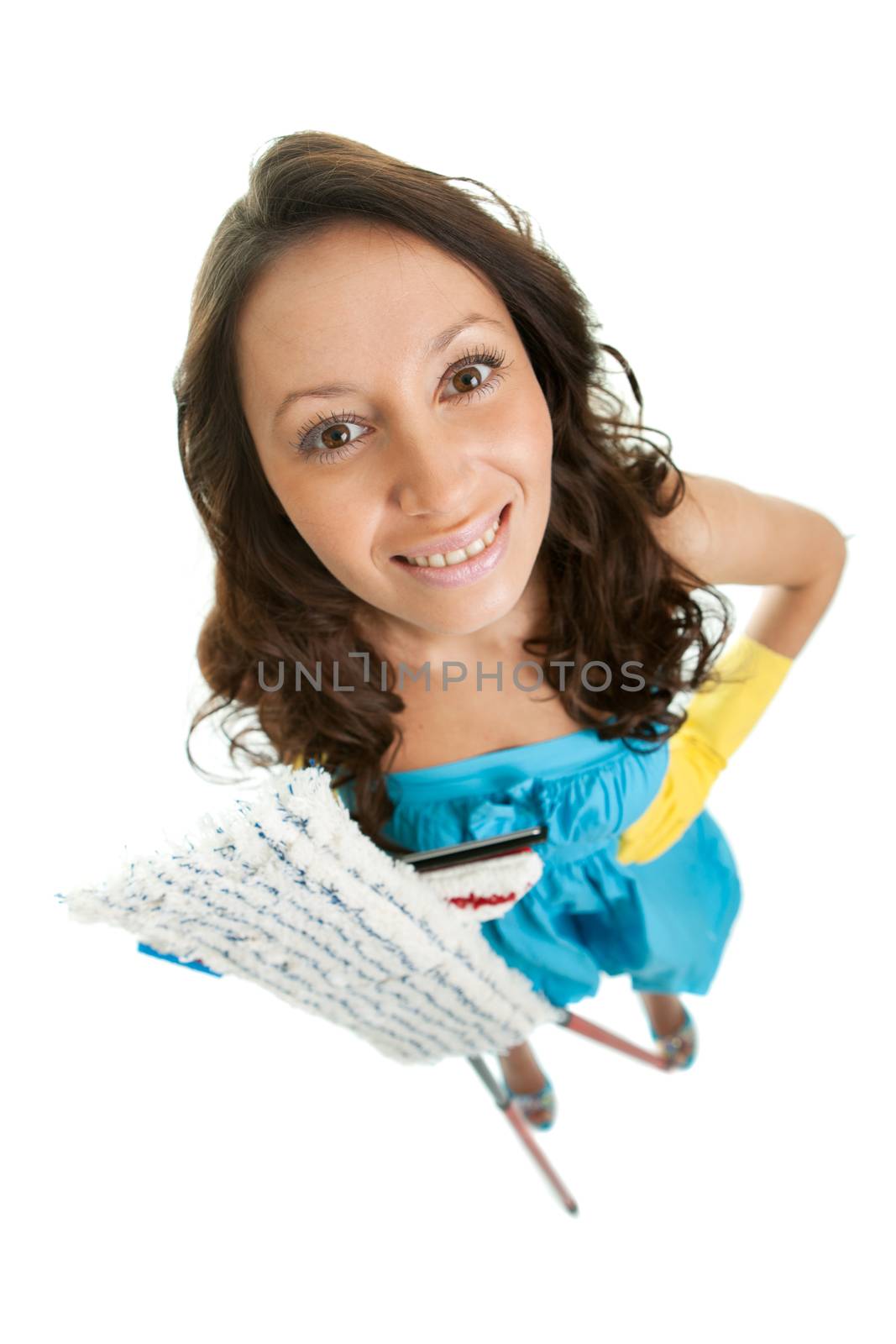 Cheerful woman with cleaning mops. Wide angle shot. Isolated on white