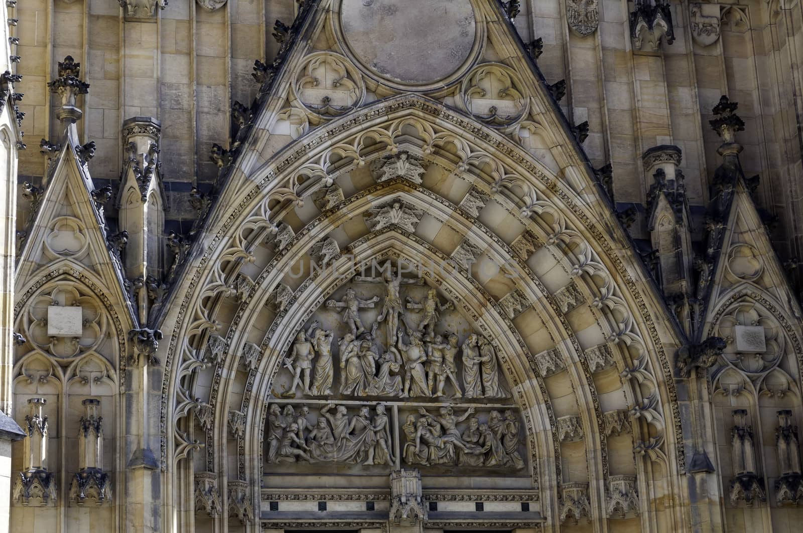Detail of the impressive Saint Vitus Cathedral facade in Prague, Czech Republic.