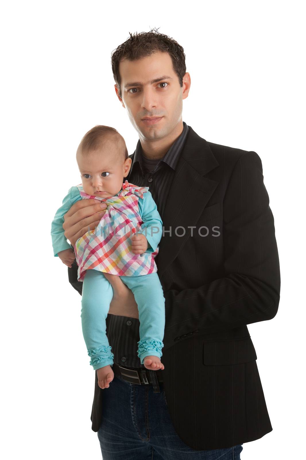 Portrait of successful business man with his cute baby isolated on white background