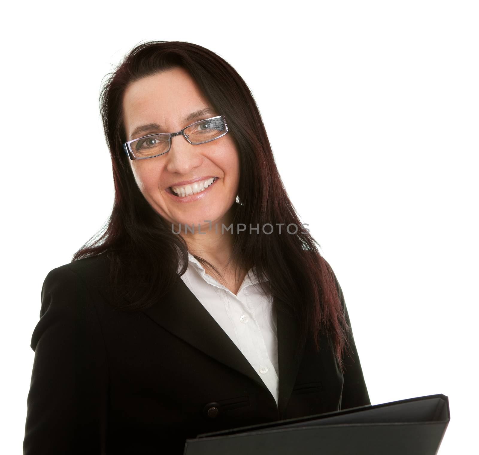 Mature successful businesswoman with documents. Isolated on wihte