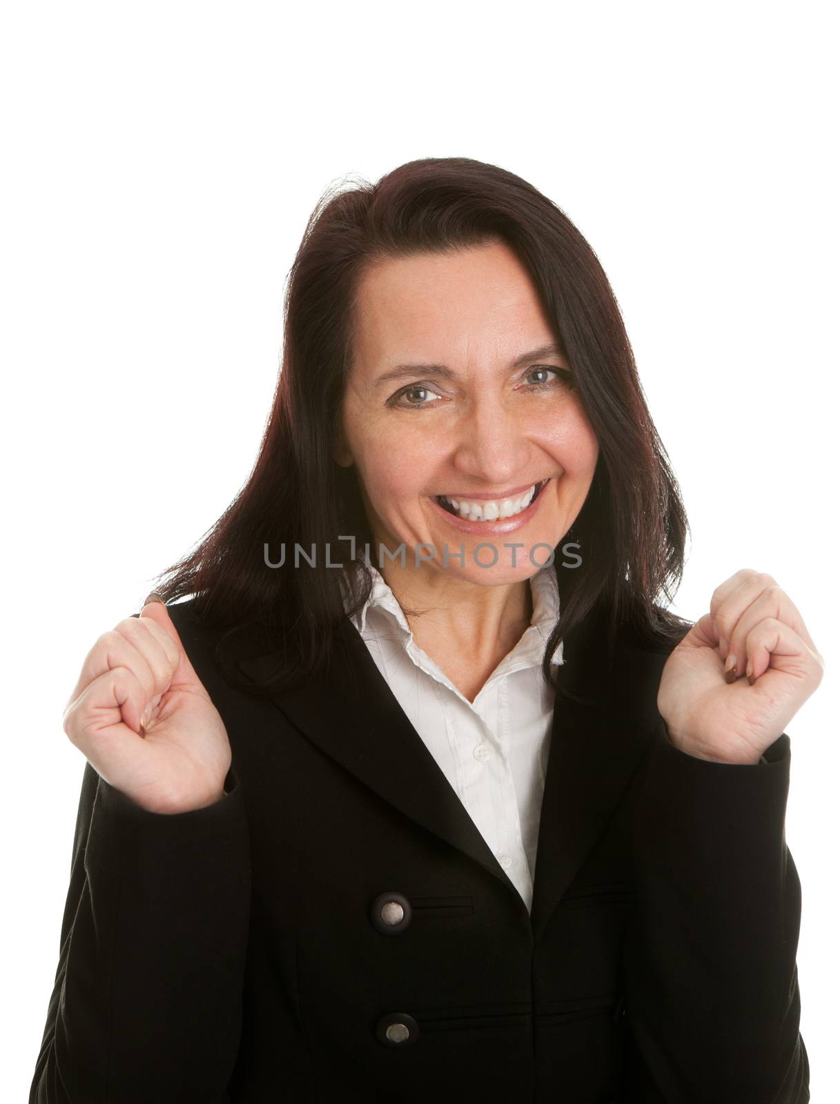 Excited businesswoman celebrating success. Isolated on wihte
